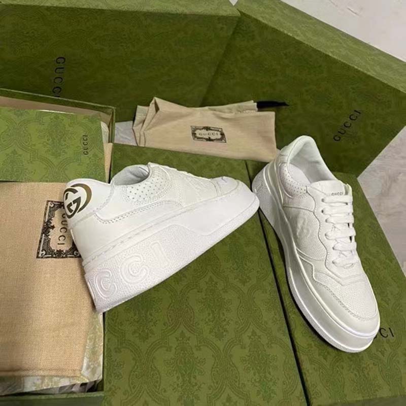 Gucci Unisex GG Embossed Sneaker White Smooth Leather Lace Up Flat