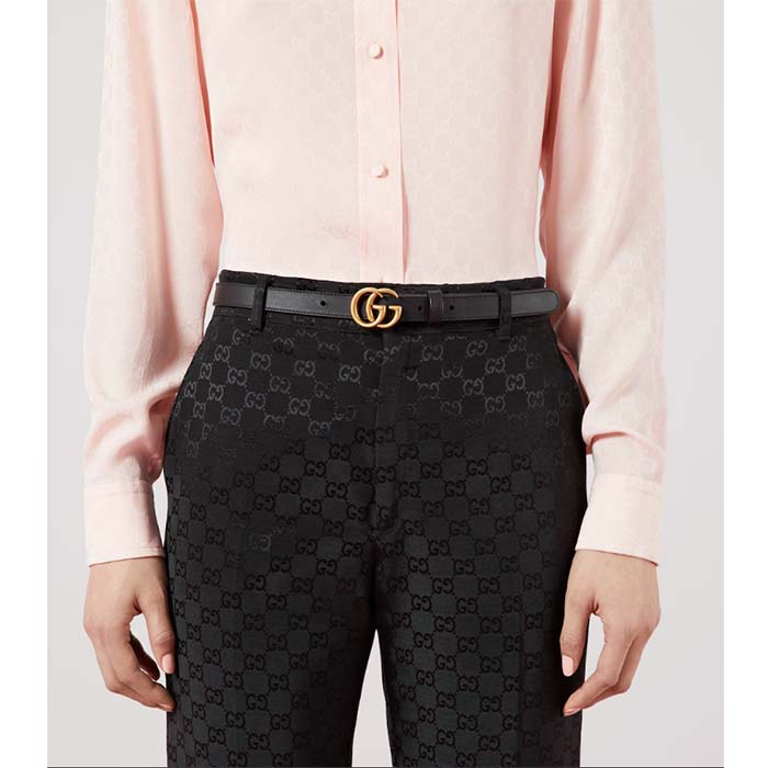 Gucci Unisex GG Leather Belt Double G Buckle Black Leather 2 CM Width