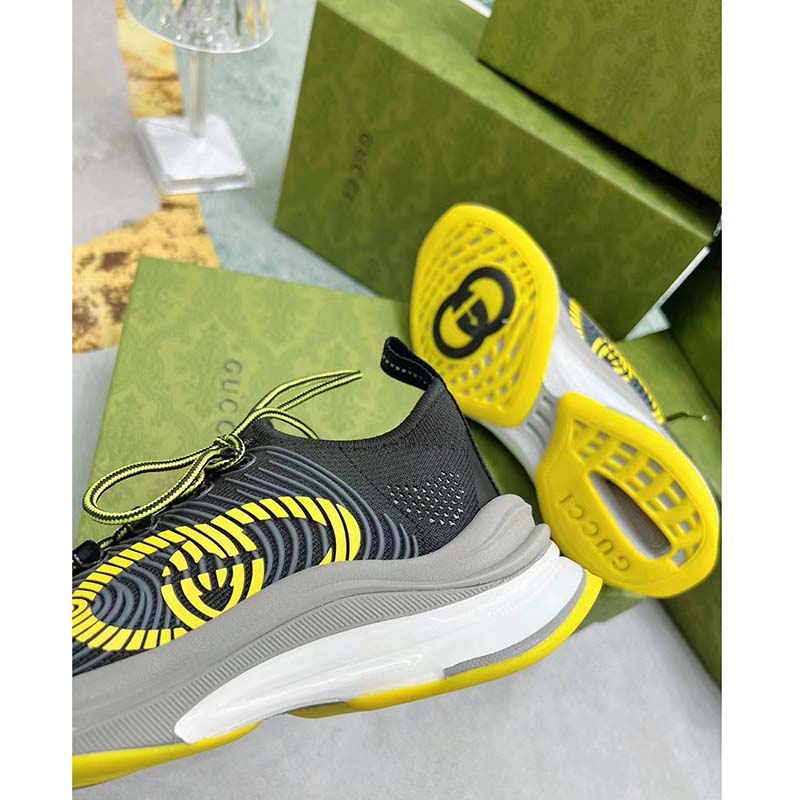 Gucci Unisex GG Run Sneaker Black Lime Technical Knit Fabric Rubber Interlocking G