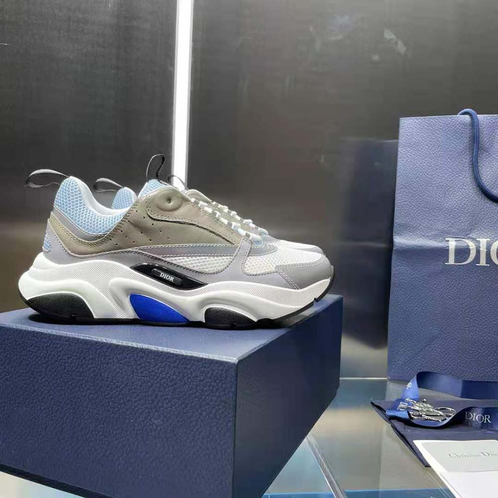 Dior Men B22 Sneaker White and Blue Technical Mesh and Gray Calfskin