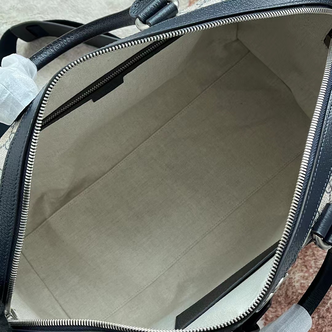 Gucci Unisex Savoy Small Duffle Bag Beige Blue GG Supreme Canvas Blue Leather