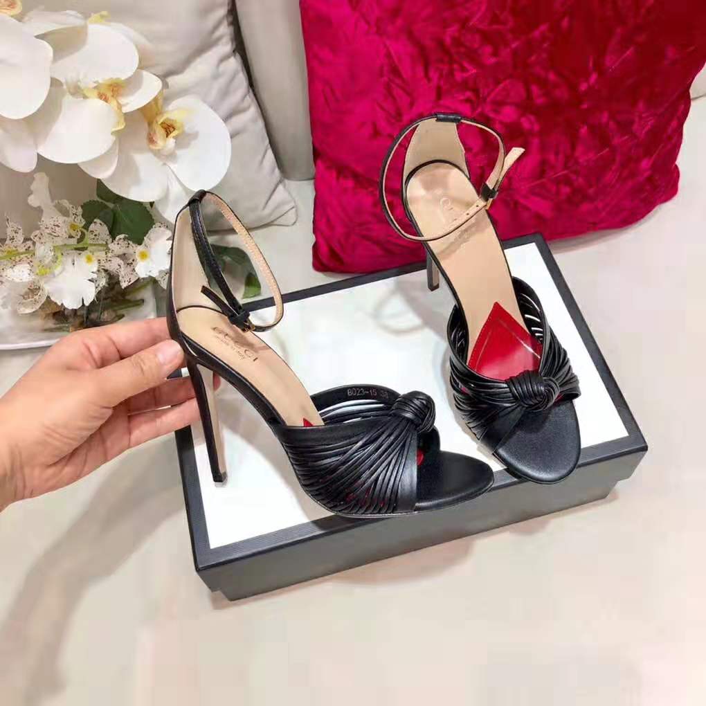 Gucci Women Metallic Leather Sandal in 10.4cm Heel Height-Black