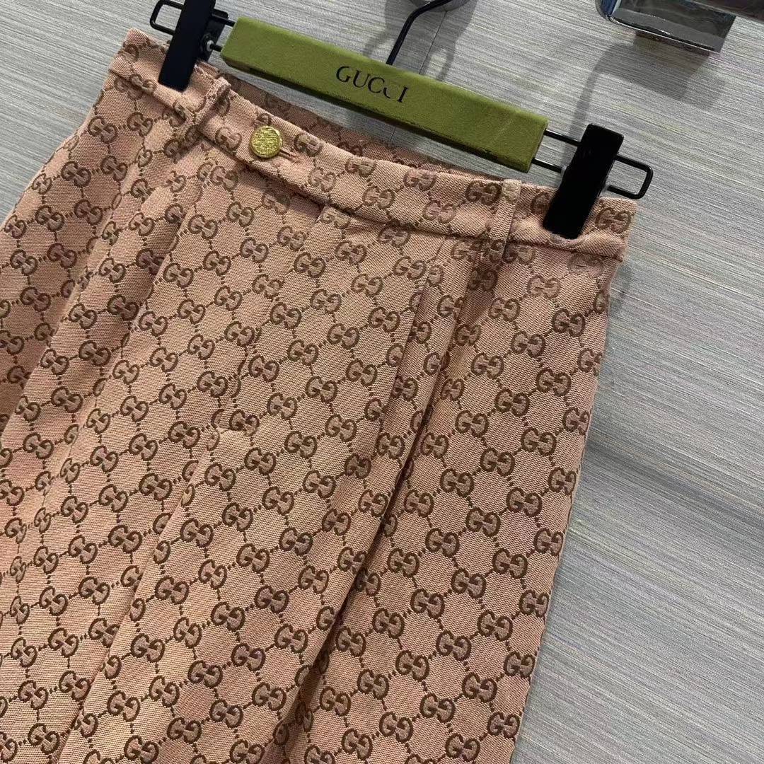 Gucci Women GG Canvas Print Camel Ebony Belt Loops Wide Leg Cropped Length