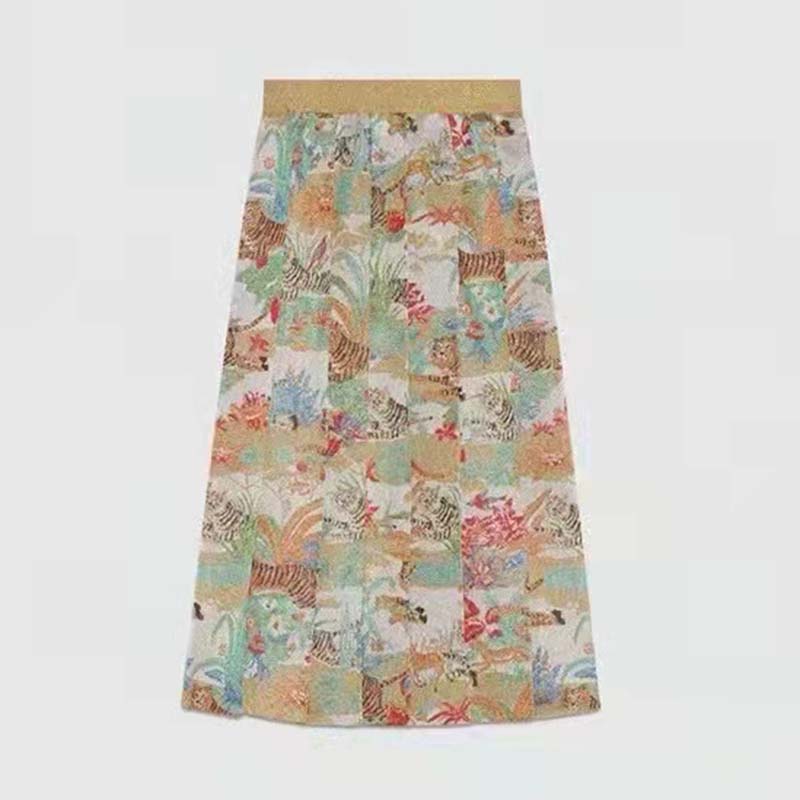 Gucci Women GG Tiger Jacquard Pleated Skirt Gold Green Tiger Flower Extra Fine Lurex
