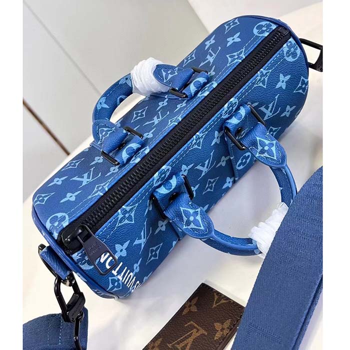 Louis Vuitton LV Unisex Keepall Bandoulière 25 Atlantic Blue Monogram Coated Canvas Cowhide Leather