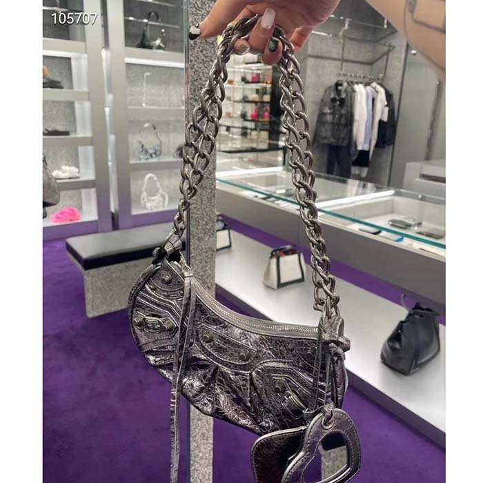 Balenciaga Women BB Le Cagole XS Shoulder Bag Silver Metallized Arena Lambskin