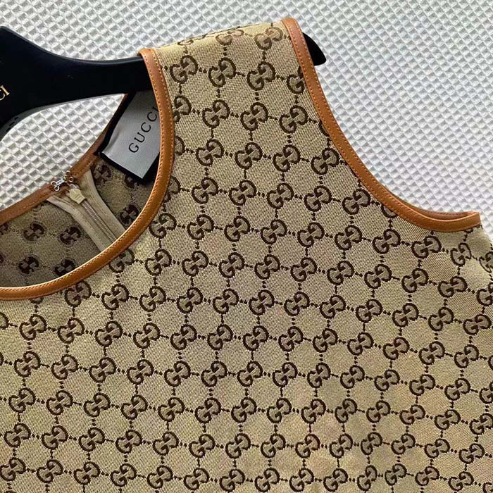 Gucci Women GG Canvas Dress Brown Beige Leather Unlined Crewneck Sleeveless