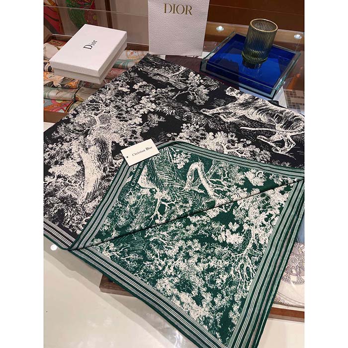 Dior Women CD Toile De Jouy Sauvage Square Scarf Navy Blue Ivory Silk Twill