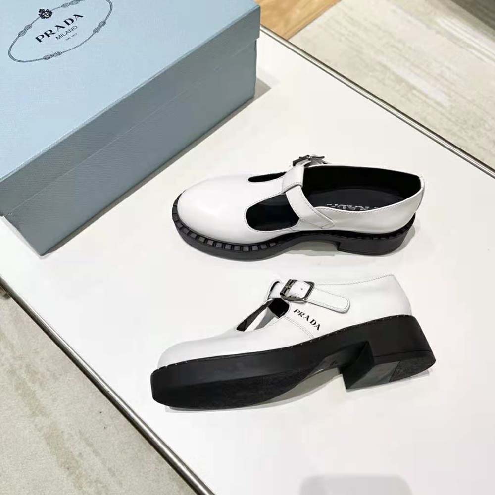 Prada Women Brushed-Leather Mary Jane T-Strap Shoes-White