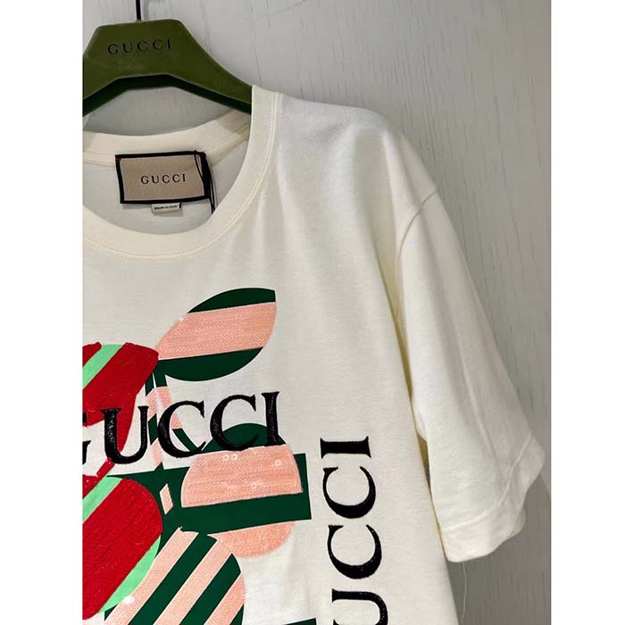 Gucci Women GG Cotton Jersey Printed T-Shirt Off White Cherry Sequin Embroidery