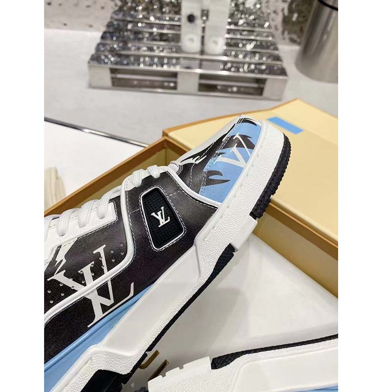 Louis Vuitton LV Unisex Trainer Sneaker Blue Printed Calf Leather Rubber Outsole