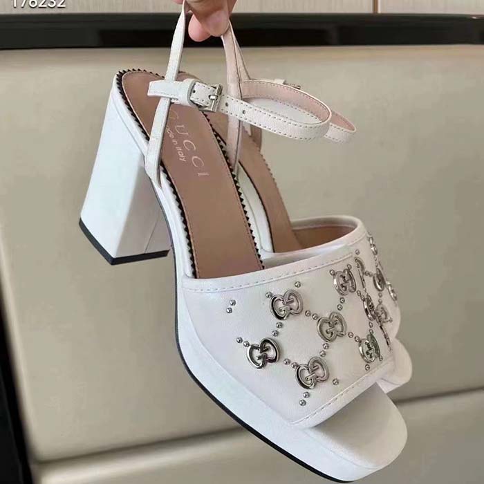 Gucci Women GG Interlocking G Studs Sandal White Leather Mid 8 Cm Heel
