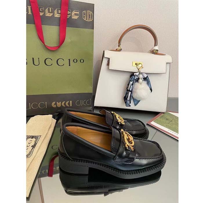 Gucci Unisex GG Loafer Interlocking G Shiny Black Leather Studs Rubber Low Heel