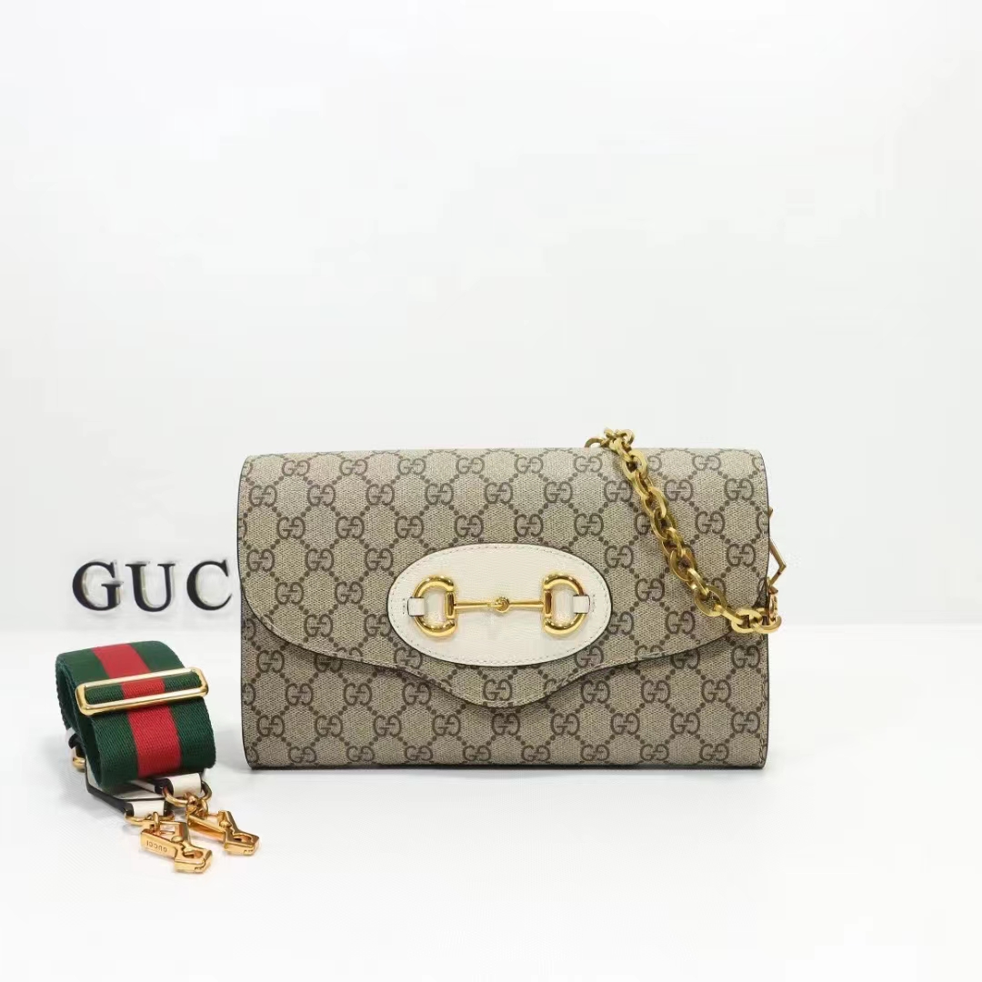 Gucci Women Horsebit 1955 Small Bag Beige Ebony GG Supreme Canvas White Leather