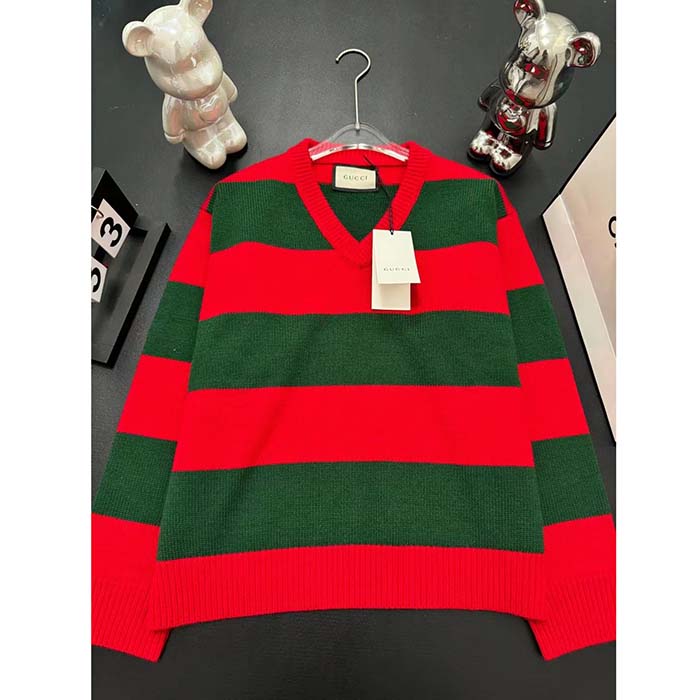 Gucci Women GG Felted Wool Striped Sweater V-Neck Dropped Shoulder Long Sleeves
