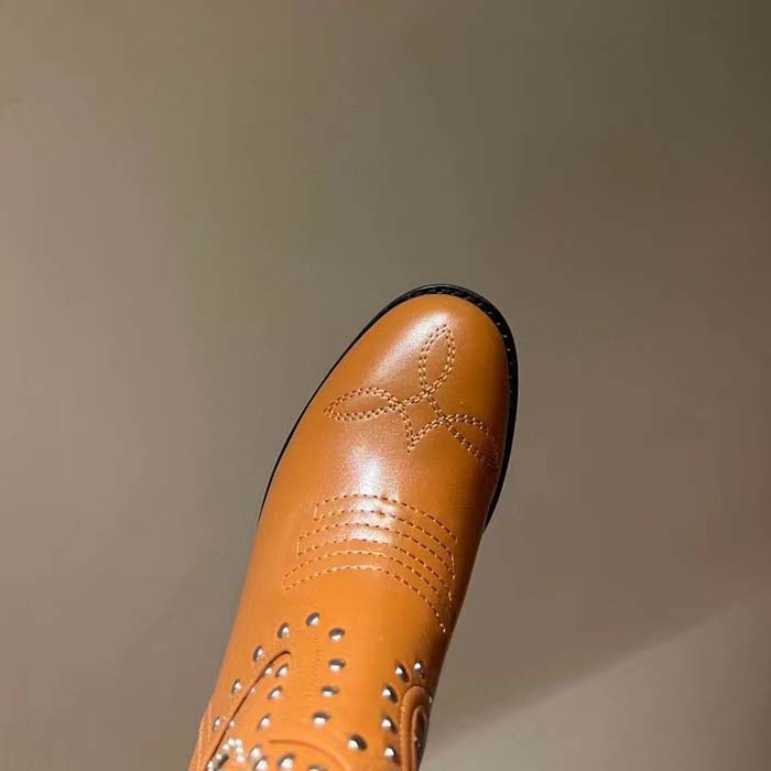 Gucci Women GG Boot Double G Embroidery Studs Brown Leather Low 3.6 CM Heel