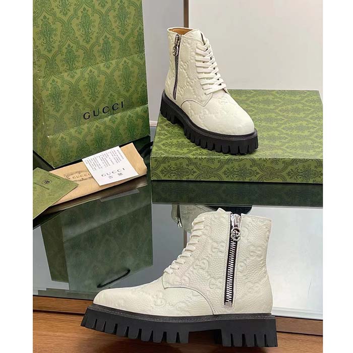 Gucci Unisex GG Leather Boots White Rubber Lug Sole Lace-Up Interlocking G Flats