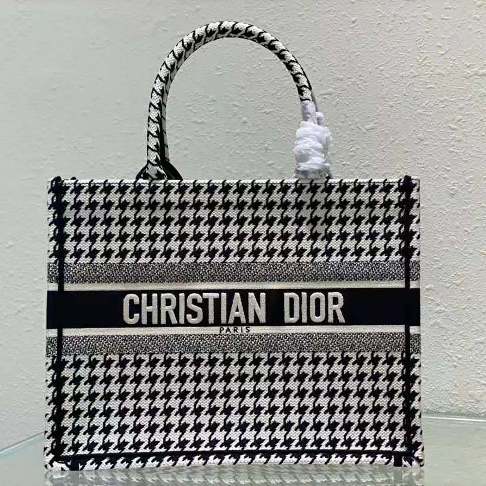 Dior Women Small Dior Book Tote Black and White Houndstooth Embroidery