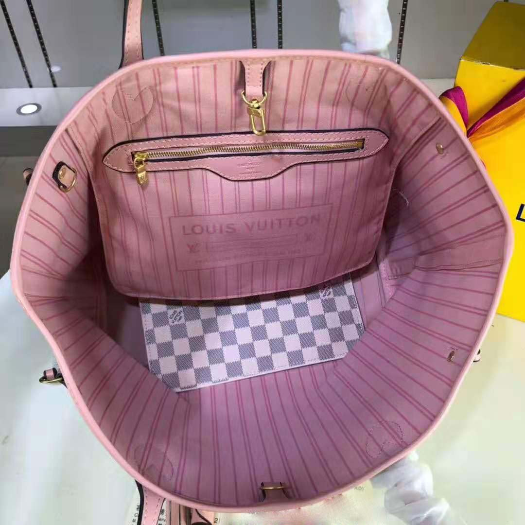 Louis Vuitton LV Women Neverfull MM Tote Bag in Damier Azur Canvas-Pink