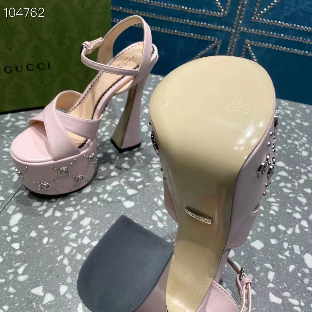 Gucci Women GG Interlocking G Studs Sandal Pink Leather Spool High 15 Cm Heel
