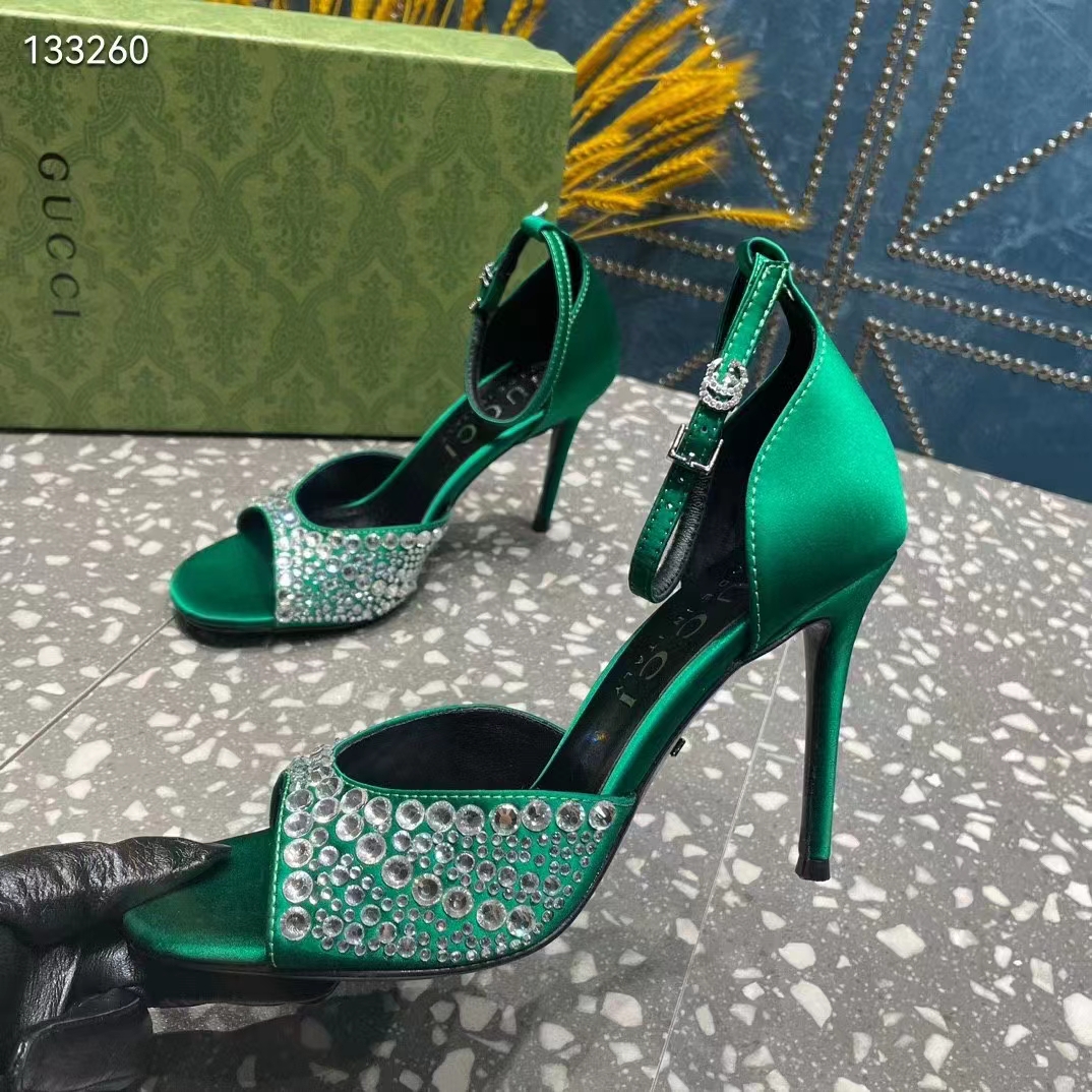 Gucci Women GG Mid-Heel Sandals Crystals Emerald Green Satin 11 CM Heel Double G