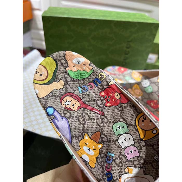 Gucci Unisex GG Animal Print Rubber Slide Sandal Beige Embossed Interlocking G Low Heel