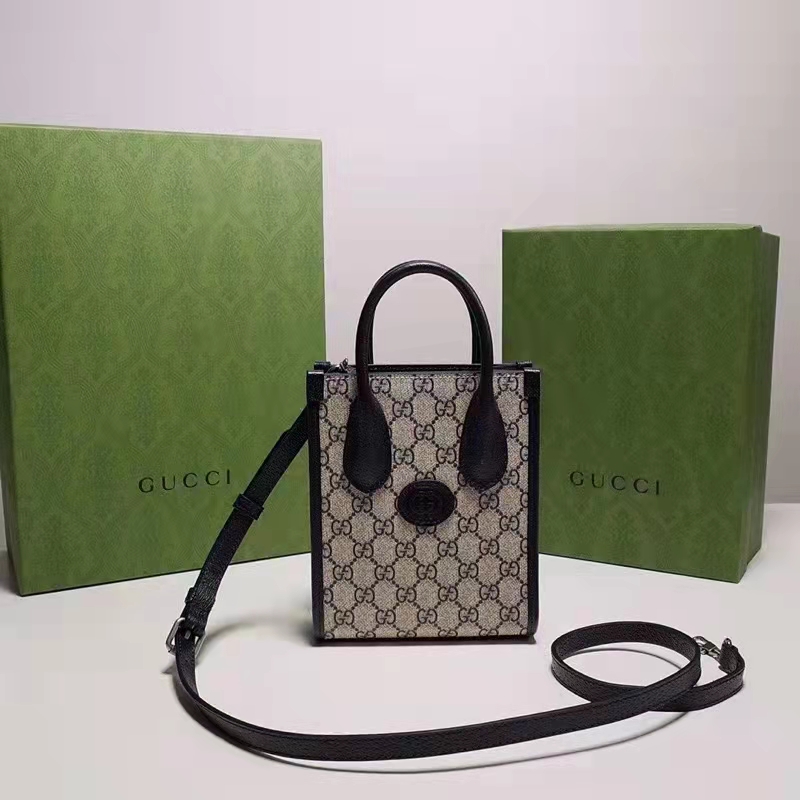 Gucci Unisex Mini Tote Bag Interlocking G Beige Blue GG Supreme Canvas