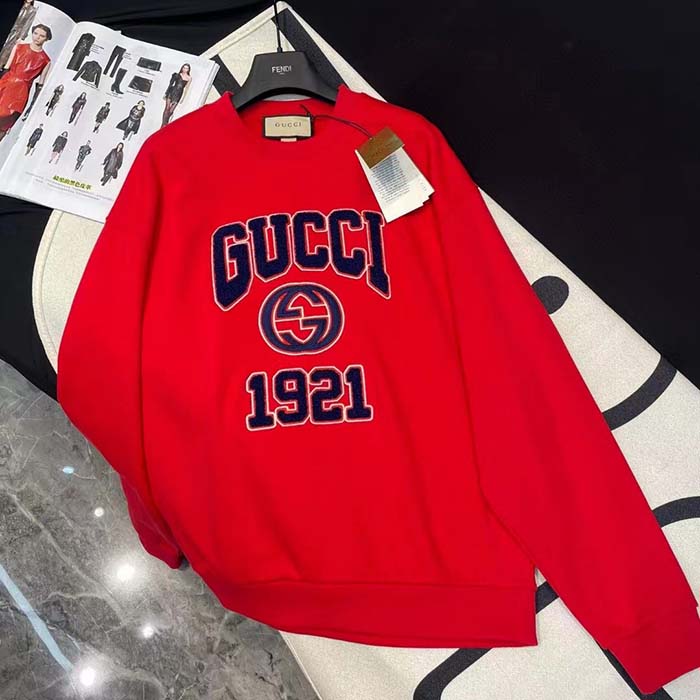 Gucci Women GG Cotton Jersey Sweatshirt 1921 Embroidery Red Crewneck Dropped Shoulder Style ‎768530 XJF3O 6429