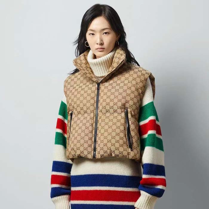 Gucci Women Canvas Padded Gilet GG Canvas Lined Concealed Hood High Neck Sleeveless