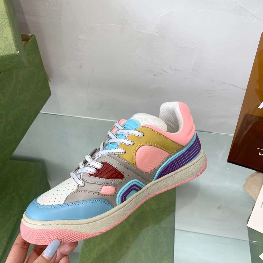 Gucci Unisex Basket Sneaker Blue Demetra White Mesh Rubber Interlocking G Low Heel