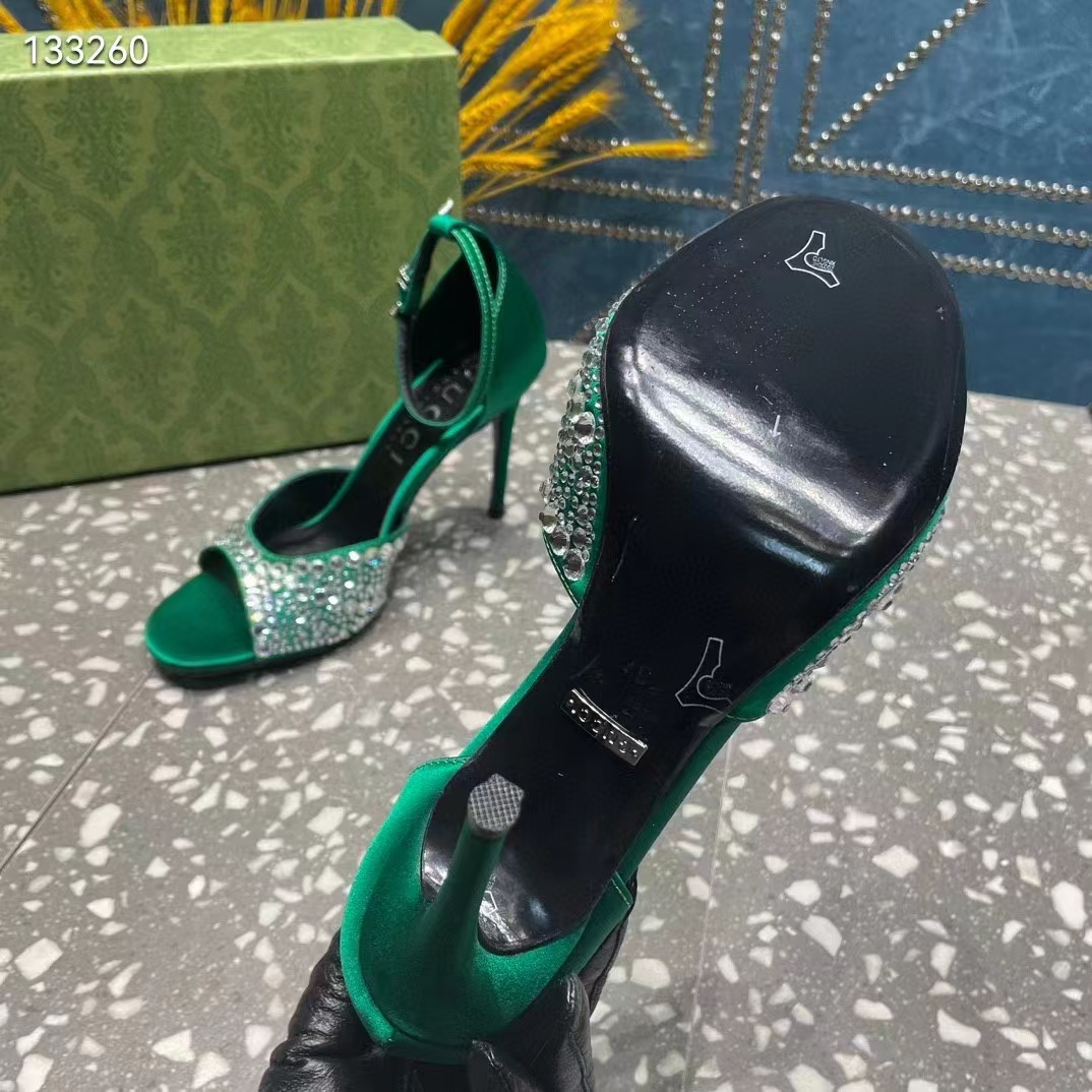 Gucci Women GG Mid-Heel Sandals Crystals Emerald Green Satin 11 CM Heel Double G