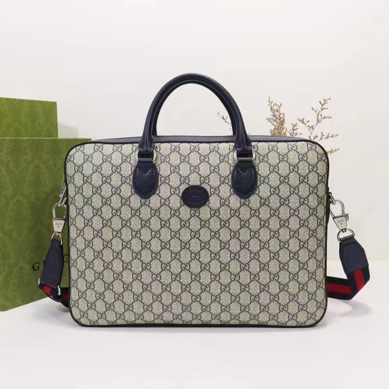 Gucci Unisex Business Case Interlocking G Blue Beige GG Supreme Canvas