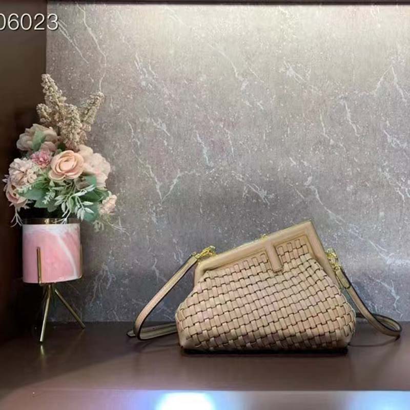 Fendi Women FF First Small Bag Beige Braided Leather Bag