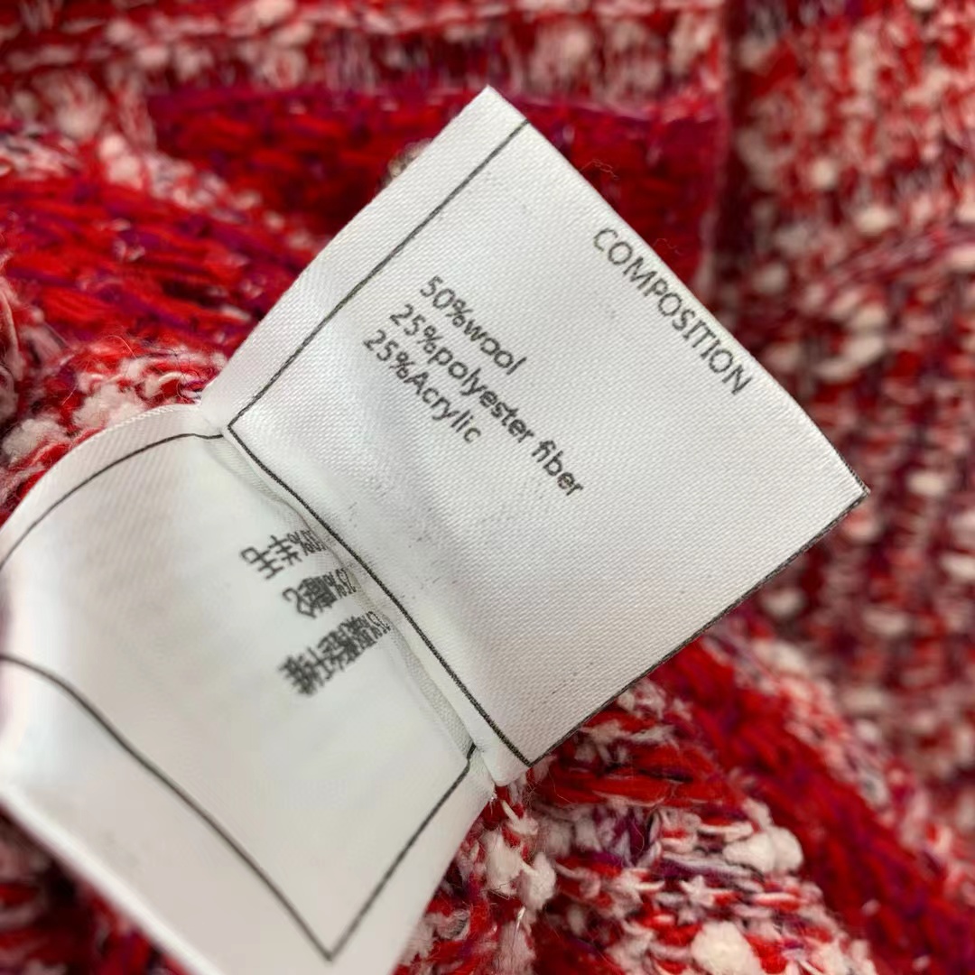 Chanel Women CC Coat Embroidered Cotton Wool Tweed Red White