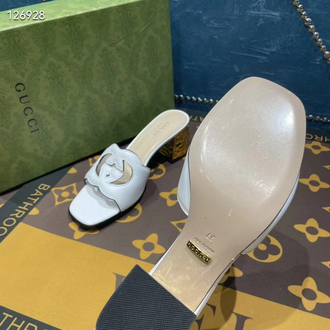 Gucci Women Interlocking G Cut-Out Sandal White Leather Mid-Heel 5 cm Heel