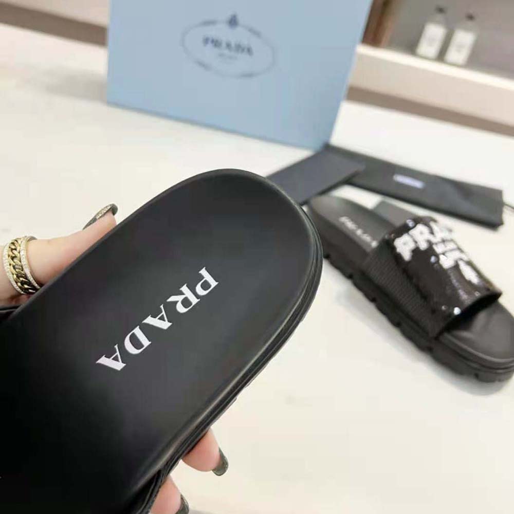Prada Women Sequin Slides with Rubber Lug Sole are Covered All Over with Embroidered Sequins
