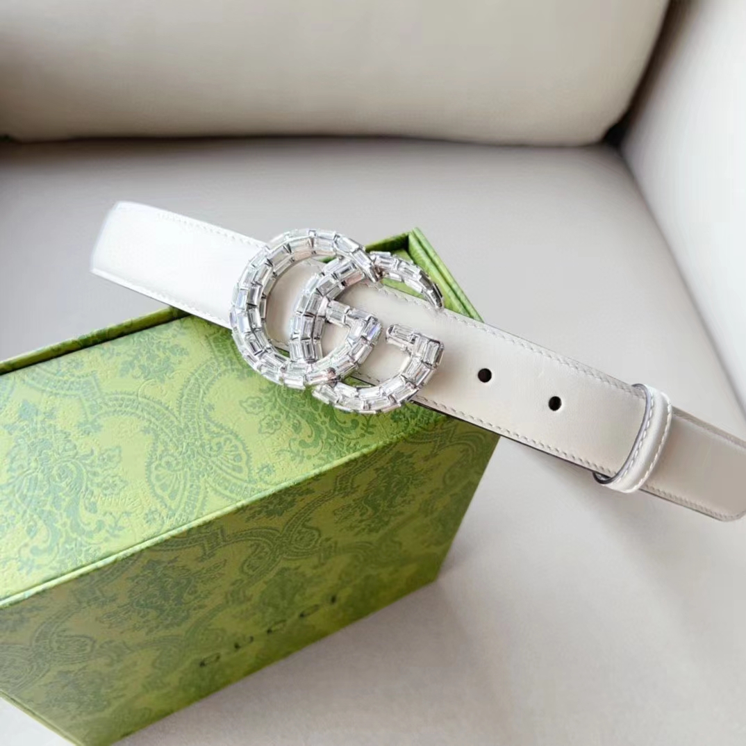 Gucci Unisex GG Marmont Thin Belt Crystals White Leather Double G Buckle 3 CM Width