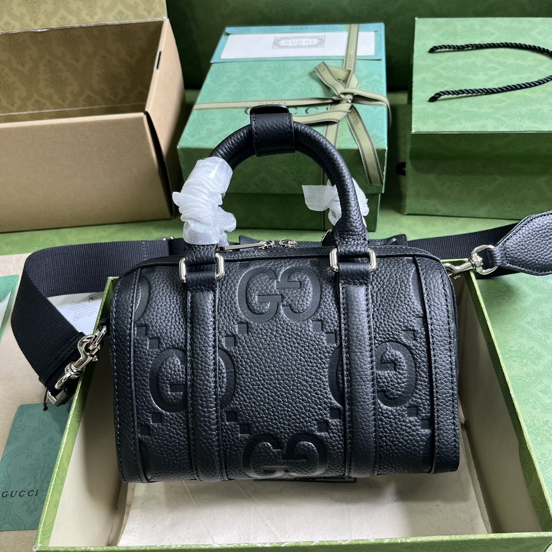 Gucci Unisex Jumbo GG Mini Duffle Bag Black Leather Double G Zip Closure