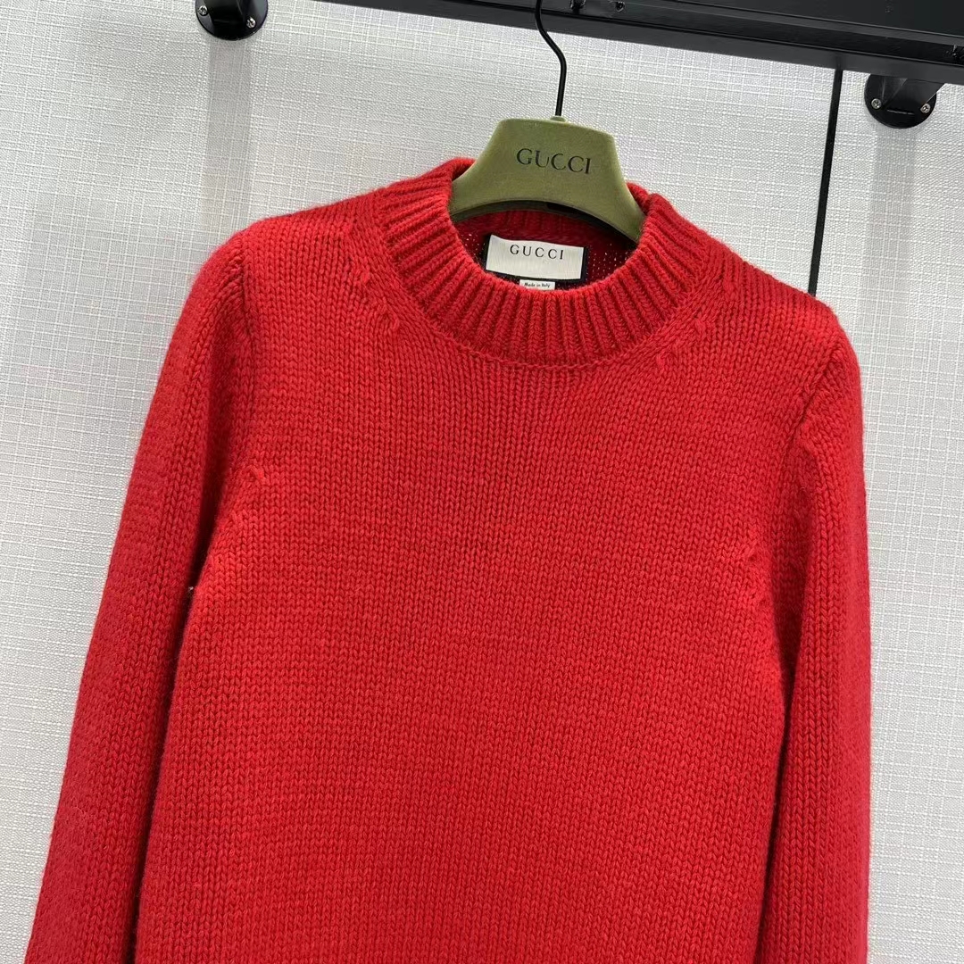 Gucci Women GG Wool Top Gucci Intarsia Red Crewneck Dropped Shoulder Long Sleeves