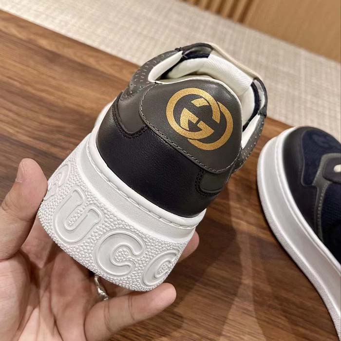 Gucci Unisex GG Lace Up Sneaker Grey Leather Blue Black GG Canvas