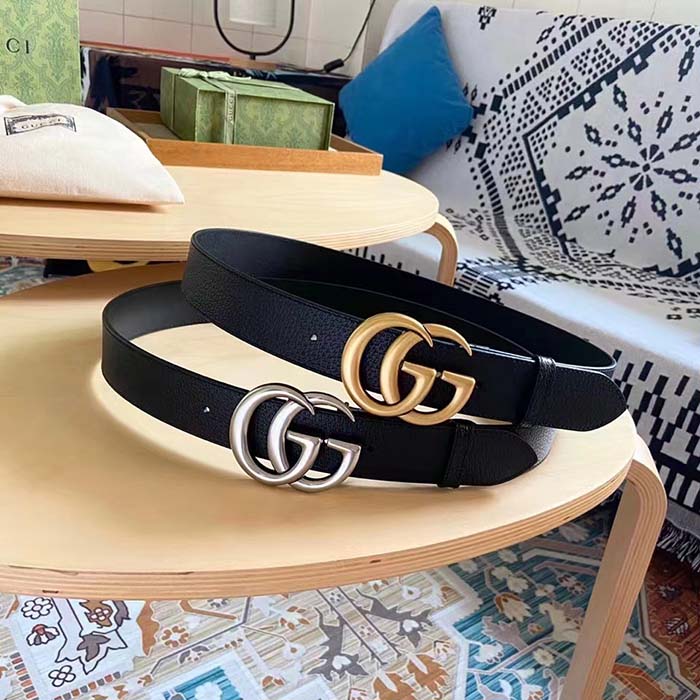 Gucci Unisex GG Wide Leather Belt Double G Buckle 3.8 CM Width Black Metal-Free Tanned