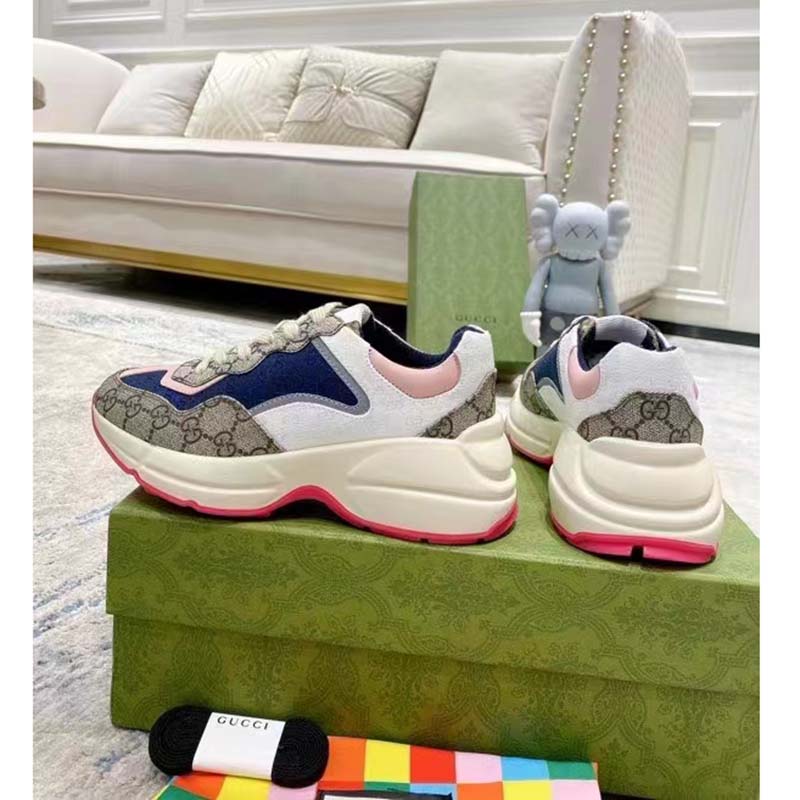 Gucci Unisex GG Rhyton Sneaker Beige Blue Pink GG Supreme Canvas Low Heel