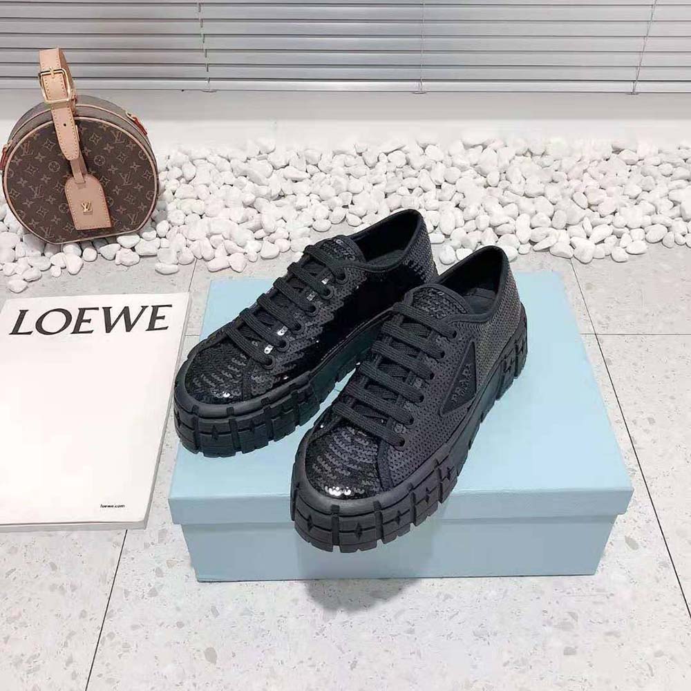 Prada Women Double Wheel Sequin Sneakers-Black