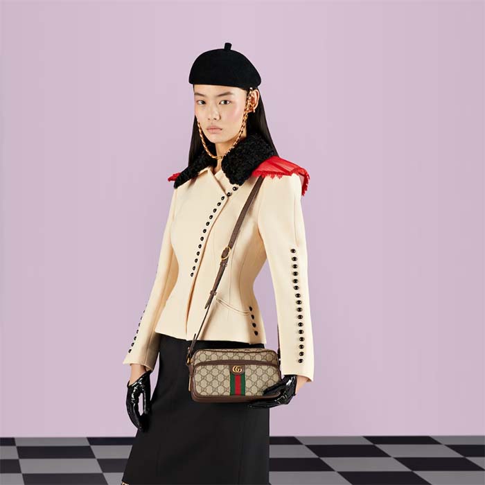 Gucci Unisex GG Ophidia Small Messenger Bag Beige Ebony GG Supreme Canvas