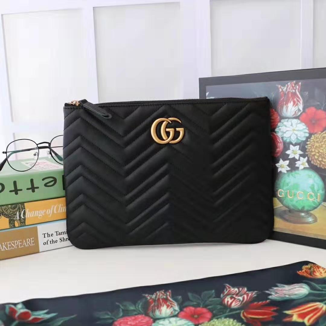 Gucci GG Women GG Marmont Leather Pouch in Black Matelassé Chevron Leather with Heart