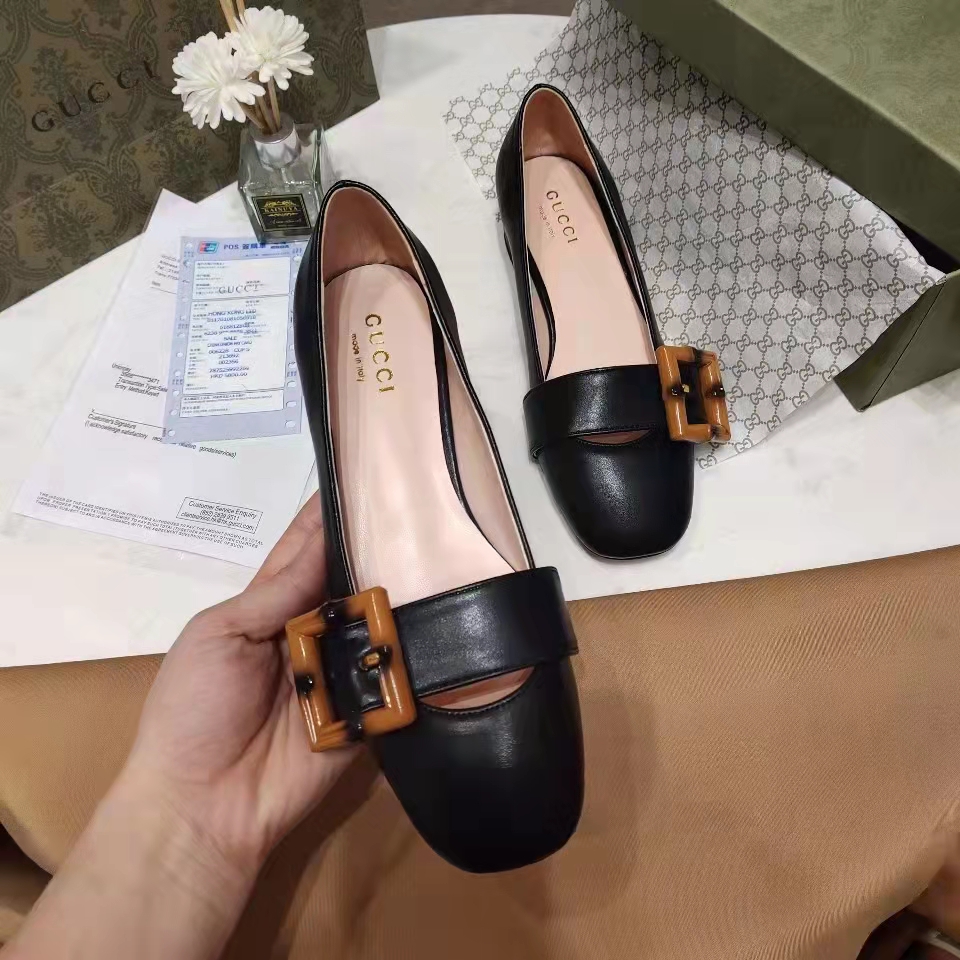 Gucci Women’s GG Ballet Flat Bamboo Buckle Black Leather Round Toe Chunky Heel