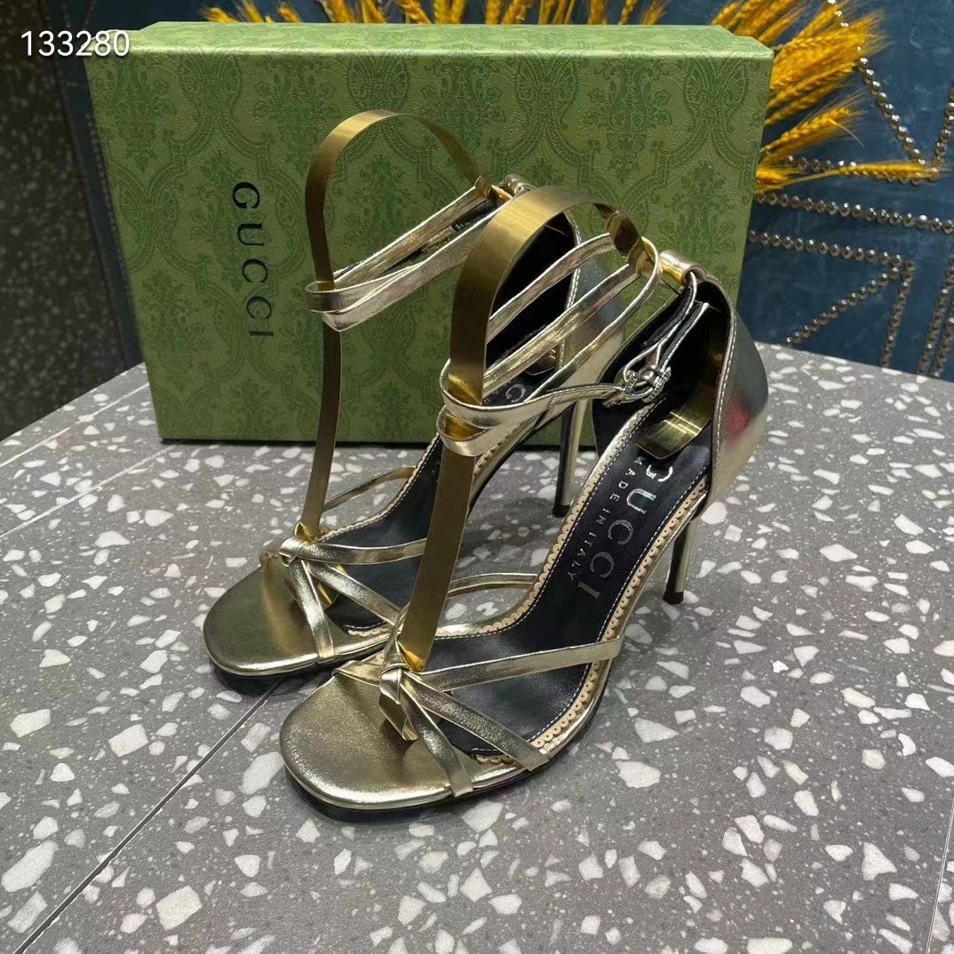 Gucci Women GG Strappy Sandal Double G Metallic Platinum Leather Crystal High 11 CM Heel
