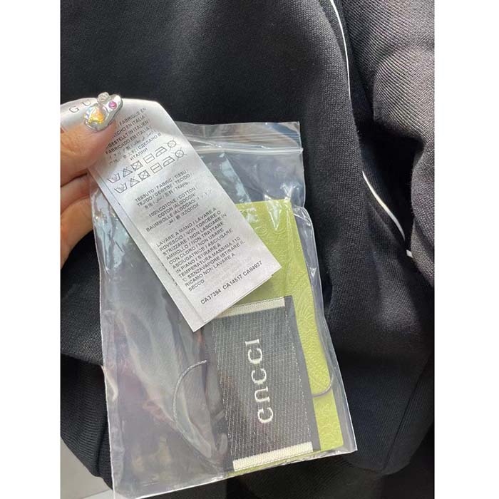 Gucci GG Women Cotton Jersey Zip Jacket Black Lightweight Felted Point Collar Long Sleeves