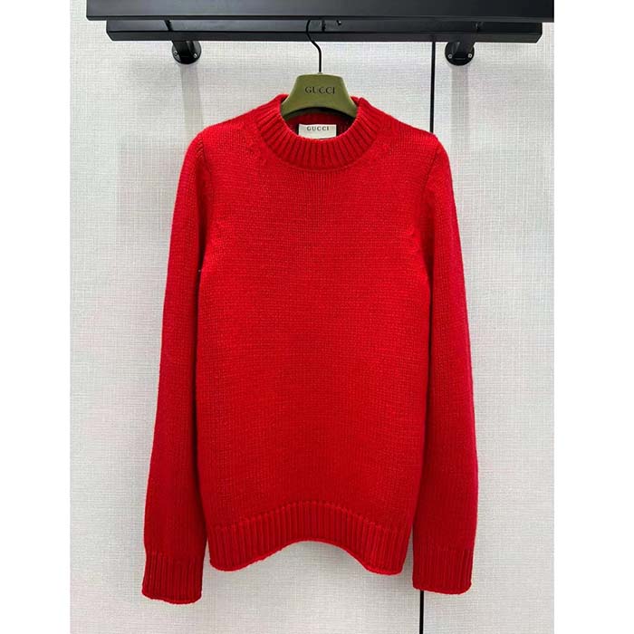 Gucci Women GG Wool Top Gucci Intarsia Red Crewneck Dropped Shoulder Long Sleeves
