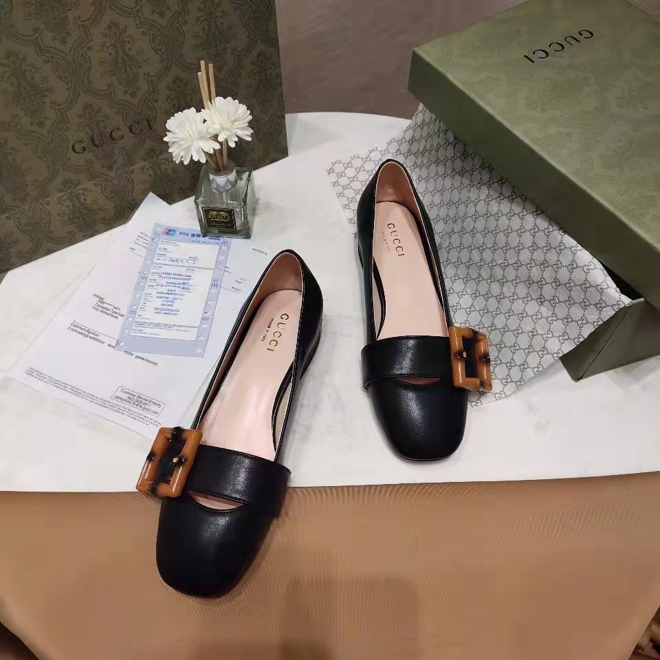 Gucci Women’s GG Ballet Flat Bamboo Buckle Black Leather Round Toe Chunky Heel